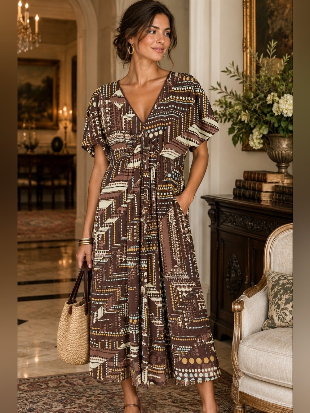 J.jill Womens 10 Silk Geometric Earthy Classic Bohemian Heritage Dress Flowy